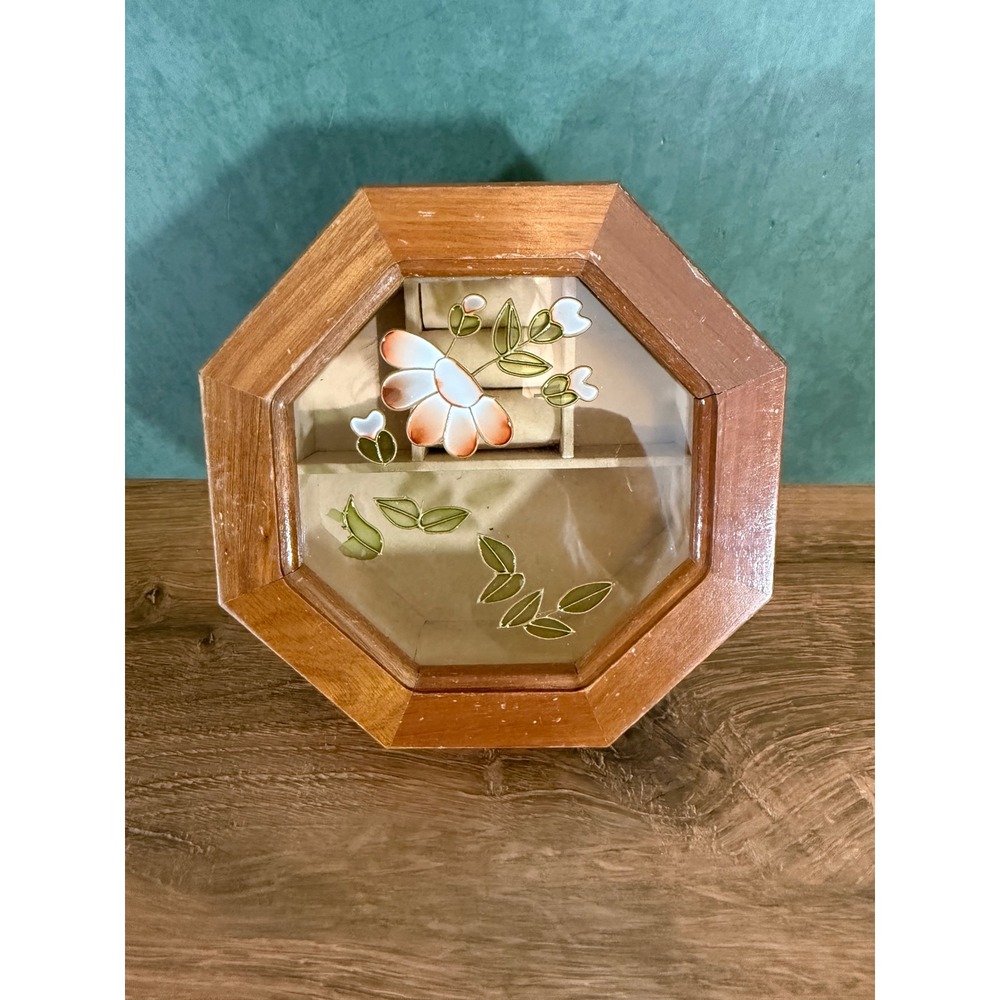 Vintage Octagon Wood Jewelry Box Stained Glass Floral Lid Ring Organizer